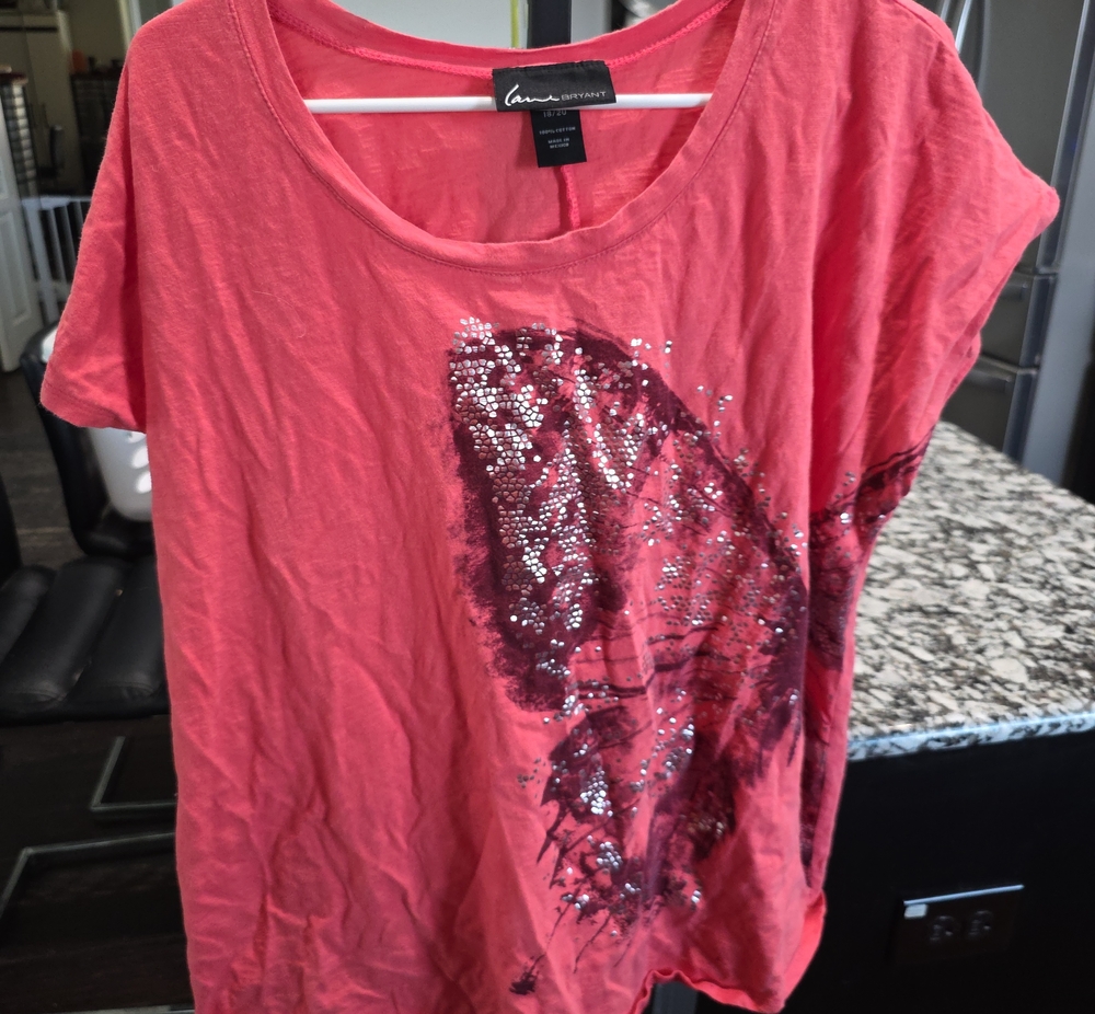 Lane Bryant Coral Pink Short Sleeve Tee with Rhinestone Butterfly